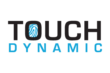 blue and black Touch Dynamic logo with a fingerprint pattern inside the 'o'