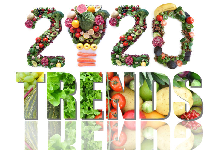 2020 trends made of fruits and vegetables including a light bulb icon