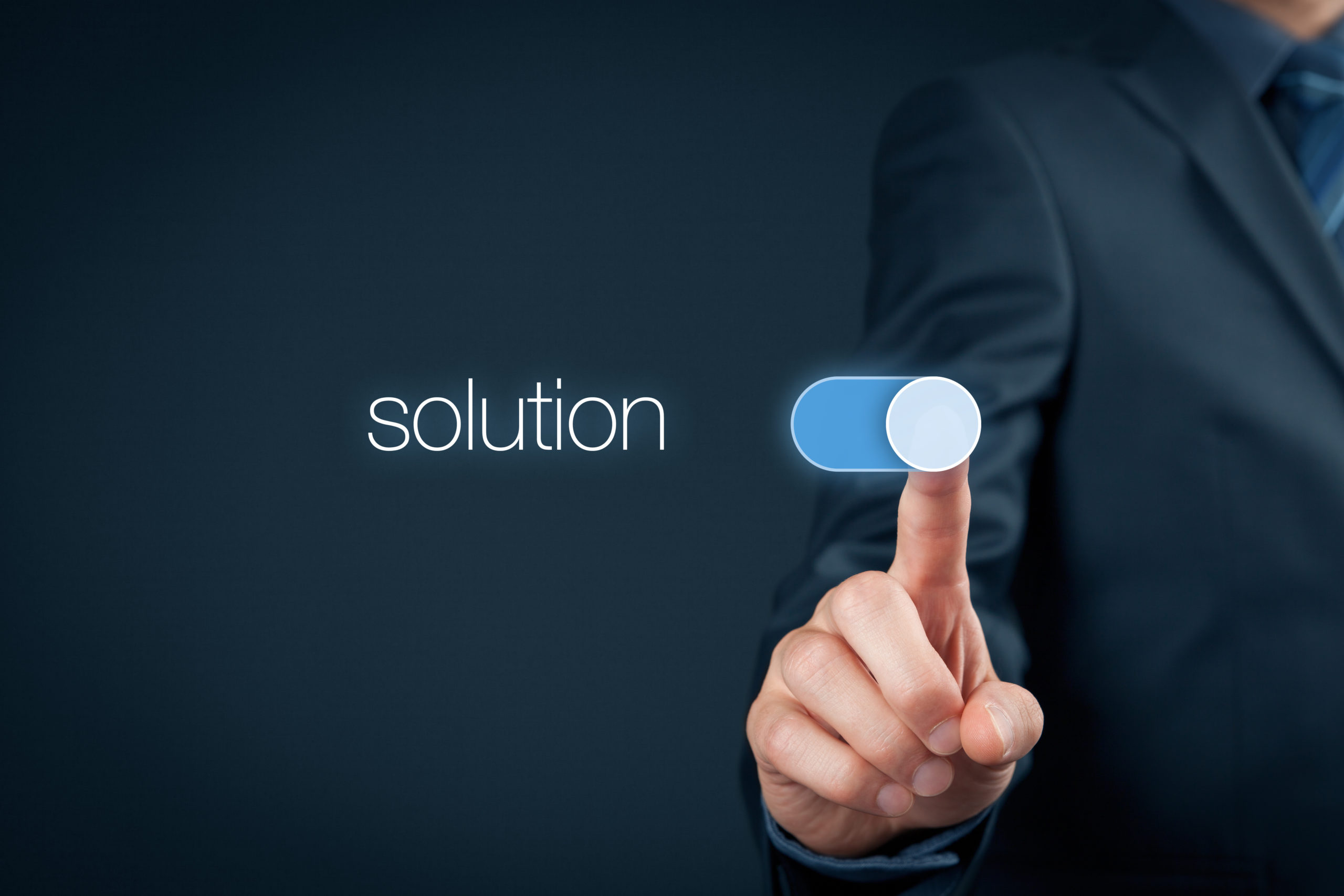 Businessman or consultant give you a business solution concept. Businessman switch over solution as a setting.