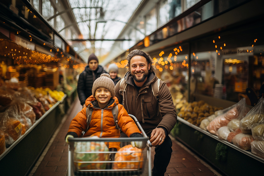 Happy smiling family shopping together on the market, winter and christmas season, generative AI