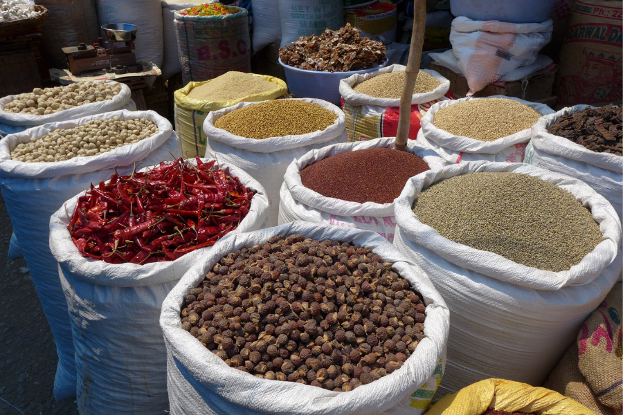 bags of bulk spices for an ethnic market
