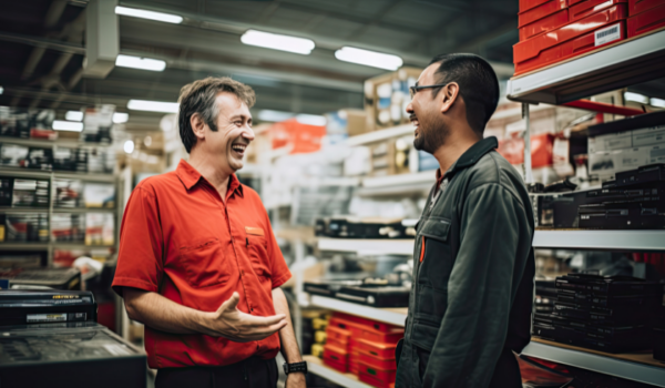 Two men laughing and conversing in a warehouse with shelves of equipment in the background, representing retail customer service.