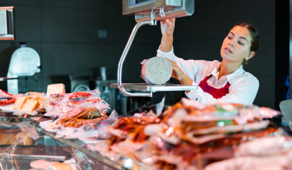 Streamlining Grocery POS with Accurate Deli Scale Management A grocery store worker using a deli scale to slice and weigh meat, showcasing the importance of accurate grocery POS integration for streamlined operations.