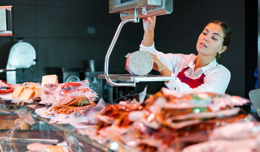 A grocery store worker using a deli scale to slice and weigh meat, showcasing the importance of accurate grocery POS integration for streamlined operations.