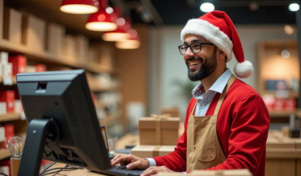 A cheerful retail worker wearing a Santa hat and apron, smiling while using a computer to access POS reports in a festive store setting.