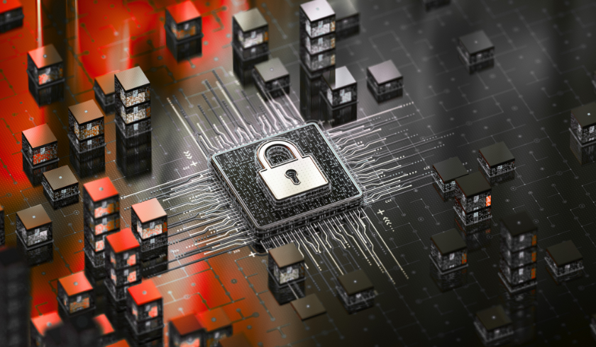 A digital security lock surrounded by interconnected data blocks, symbolizing cybersecurity and data protection in POS systems.