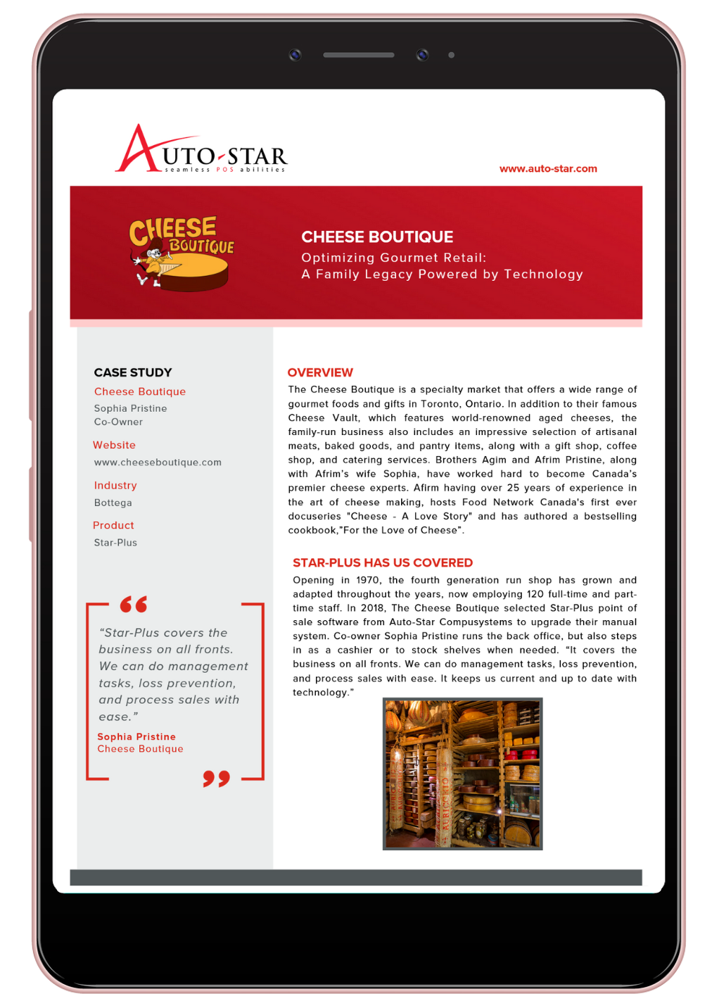 Auto-Star case study featuring Cheese Boutique, highlighting their use of Star-Plus POS software and showcasing cheese vault shelves.