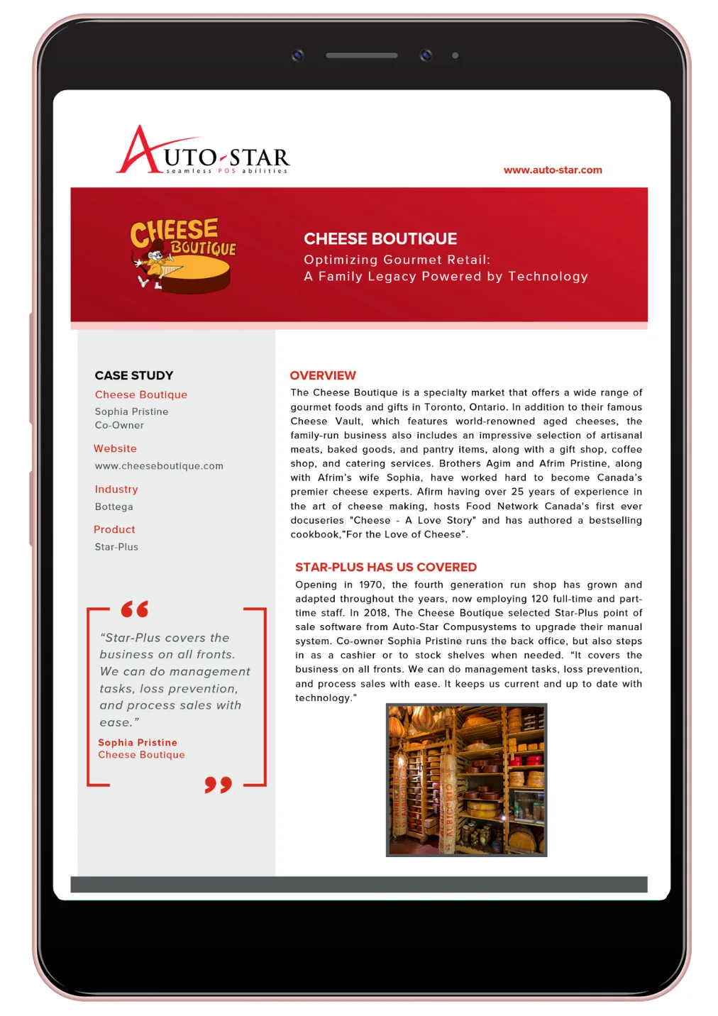Auto-Star case study featuring Cheese Boutique, highlighting their use of Star-Plus POS software and showcasing cheese vault shelves.