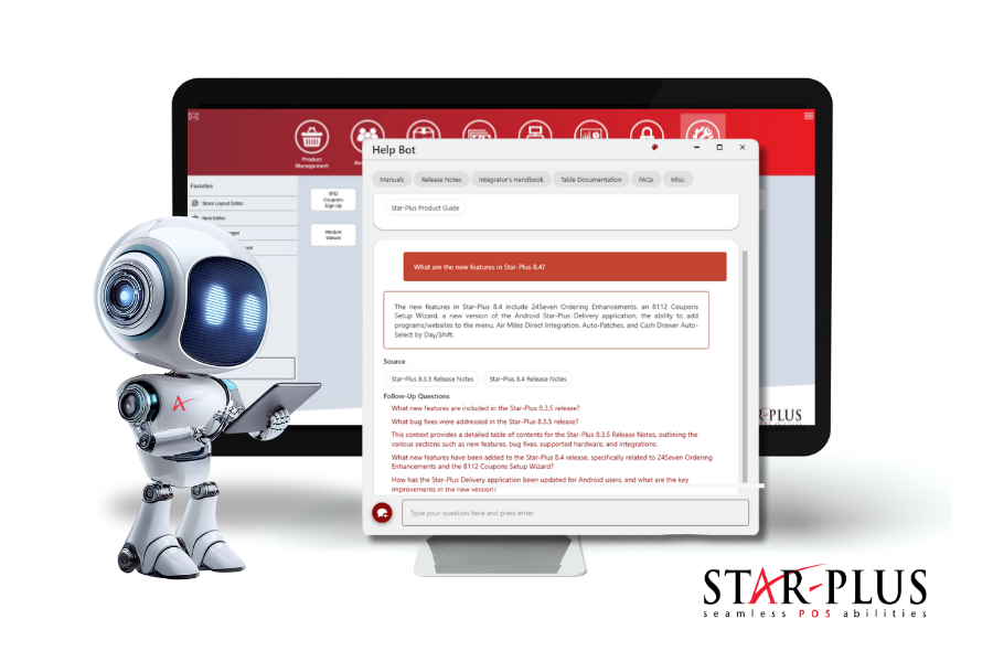 A futuristic AI-powered assistant robot stands beside a POS screen displaying the HelpBot interface within the Star-Plus software.