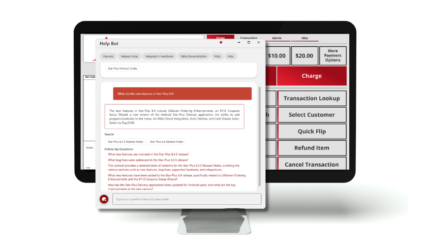 A POS terminal screen displaying the HelpBot interface within the Star-Plus software, showing FAQs and release notes for version 8.4.