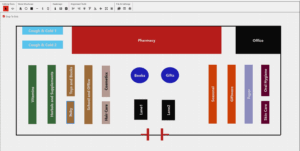 Digital store layout editor showing customizable retail floor plan with labeled product sections.