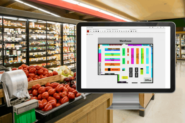 Computer screen showing a grocery store floor plan created using store layout software