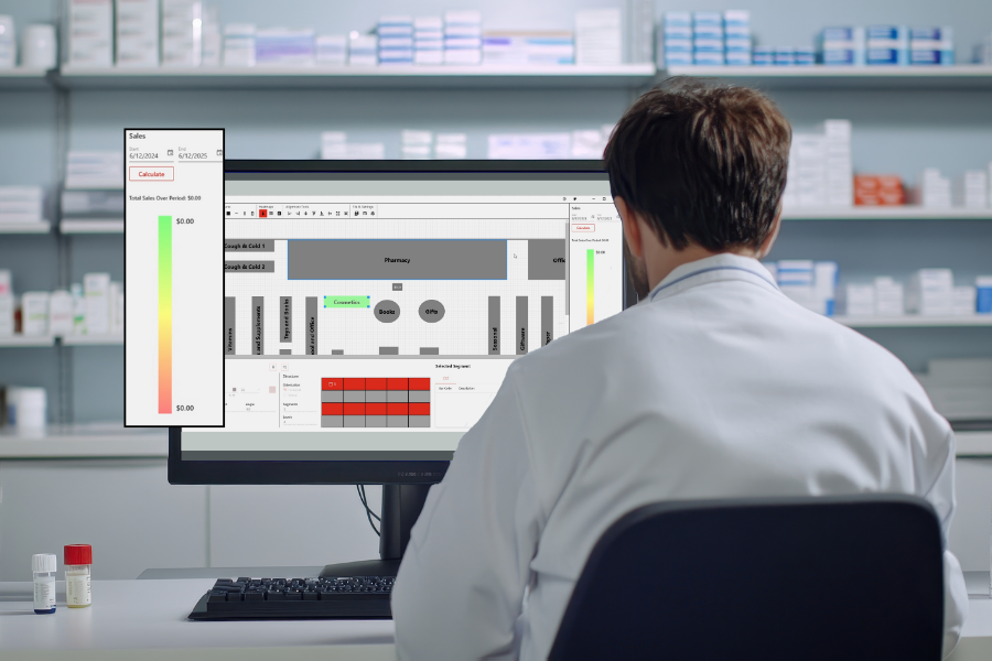 Pharmacy employee viewing the heat mapping feature in the store layout editor on a desktop screen