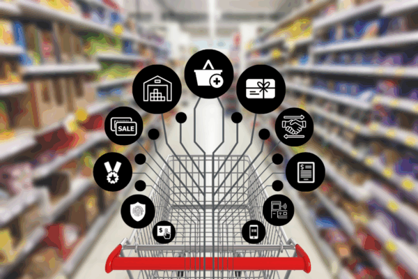 Modular POS System Retail Integration Icons Shopping cart in a retail aisle with interconnected icons representing various modules of a modular POS system including inventory, payments, loyalty, and promotions.