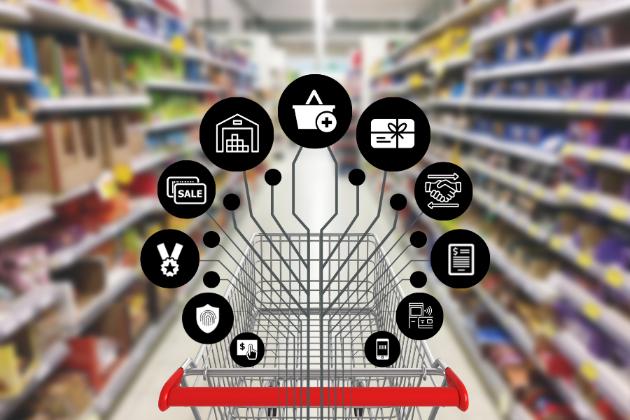 Shopping cart in a retail aisle with interconnected icons representing various modules of a modular POS system including inventory, payments, loyalty, and promotions.