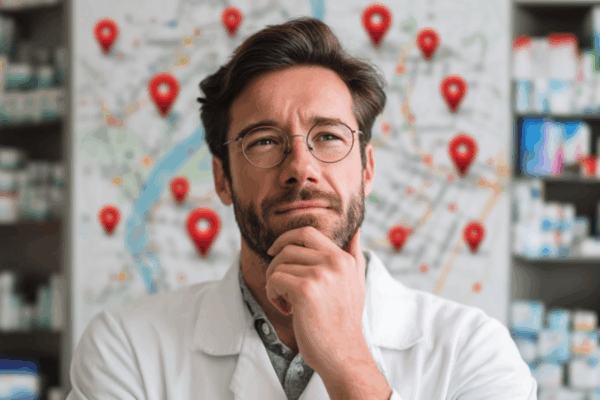 Multi-Store Growth with a Pharmacy POS System Pharmacist thinking about multi-store expansion with a pharmacy POS system, standing in front of a map with location pins.