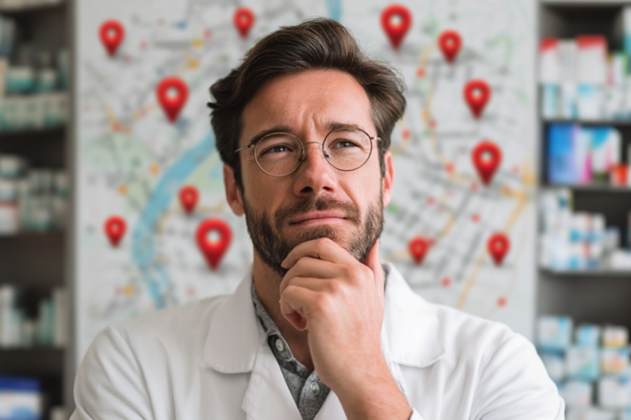 Pharmacist thinking about multi-store expansion with a pharmacy POS system, standing in front of a map with location pins.