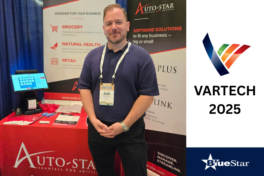 Auto-Star representative at the VARTECH 2025 booth showcasing POS software solutions for grocery, natural health, and retail businesses.
