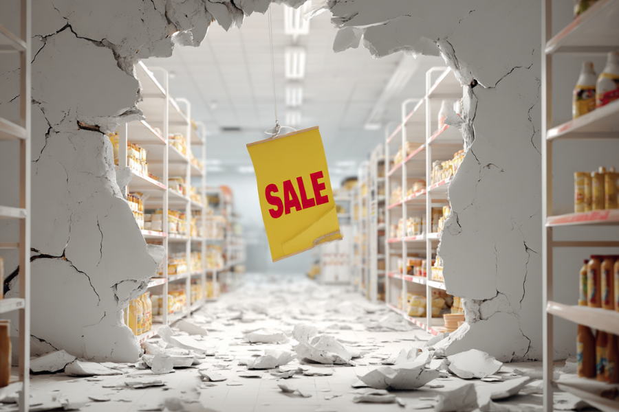 Grocery store aisle with a large yellow “SALE” sign hanging amid debris and cracked walls, representing the consequences of poorly planned grocery promotions.