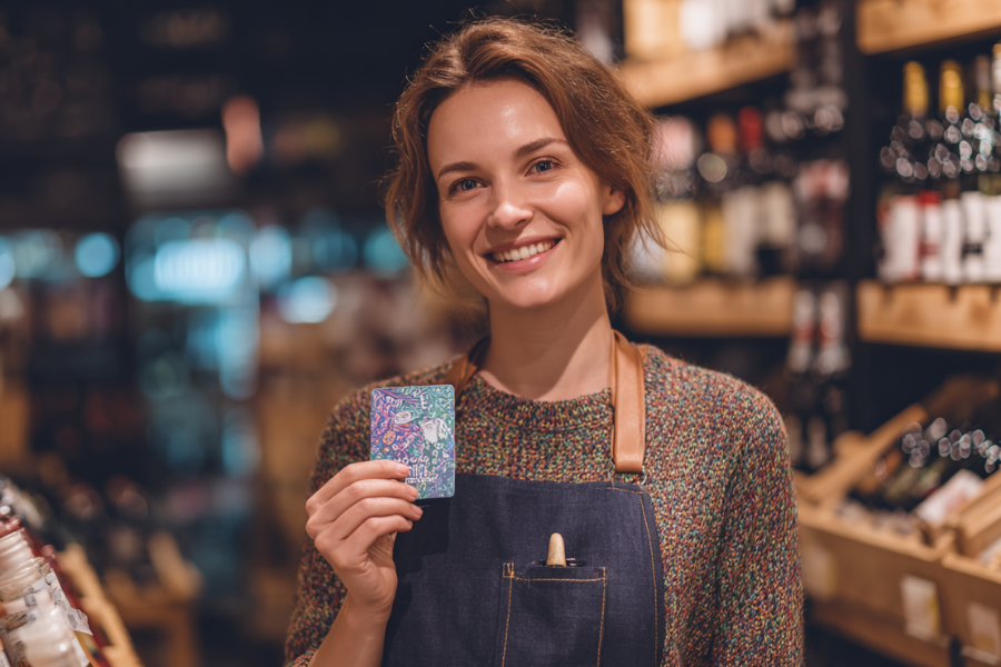 Liquor store clerk holding a colorful loyalty card in front of store shelves, representing customer rewards and engagement with a liquor store POS system.