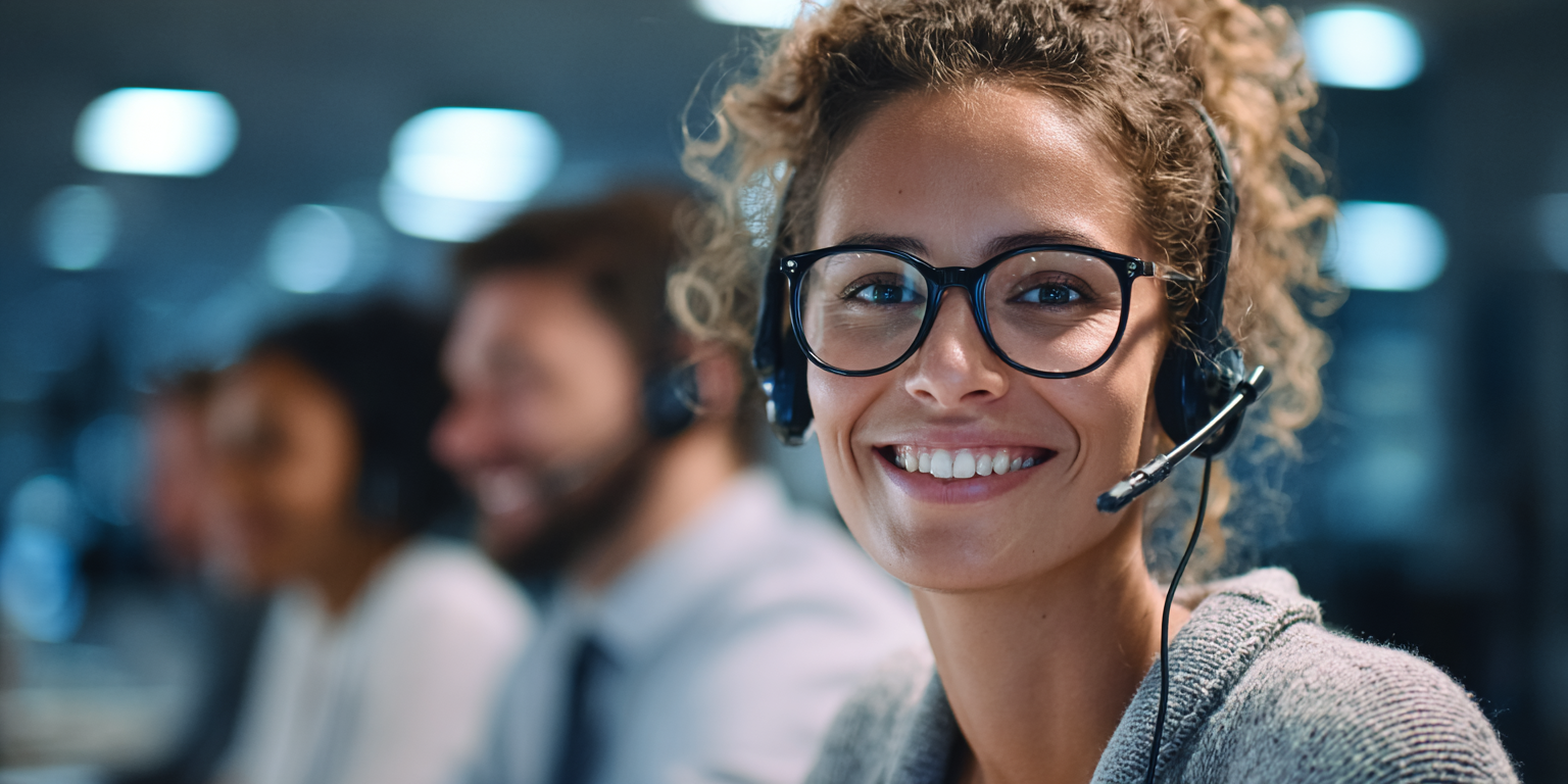 Smiling POS customer service representative wearing a headset, providing live support to retailers