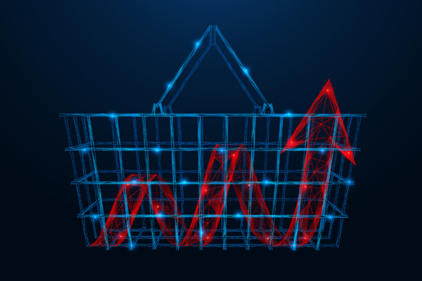Grocery Checkout Regulations: Rising Compliance and Cost Pressures Wireframe shopping basket with a red upward trend line and arrow, representing rising costs and compliance pressure from grocery checkout regulations.