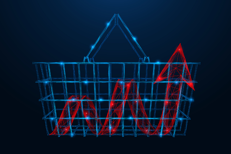 Wireframe shopping basket with a red upward trend line and arrow, representing rising costs and compliance pressure from grocery checkout regulations.