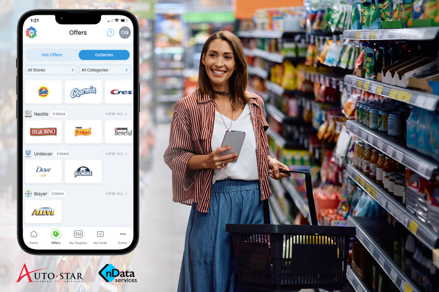 Shopper using a mobile app to redeem 8112 coupons while browsing products in a grocery store aisle