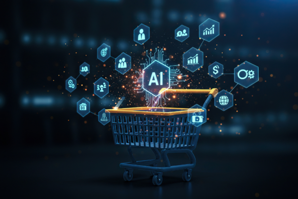 AI Trends in Retail Technology: Transforming the Modern Shopping Experience Digital shopping cart surrounded by AI technology icons, illustrating AI trends in retail technology, automation, analytics, and business growth.
