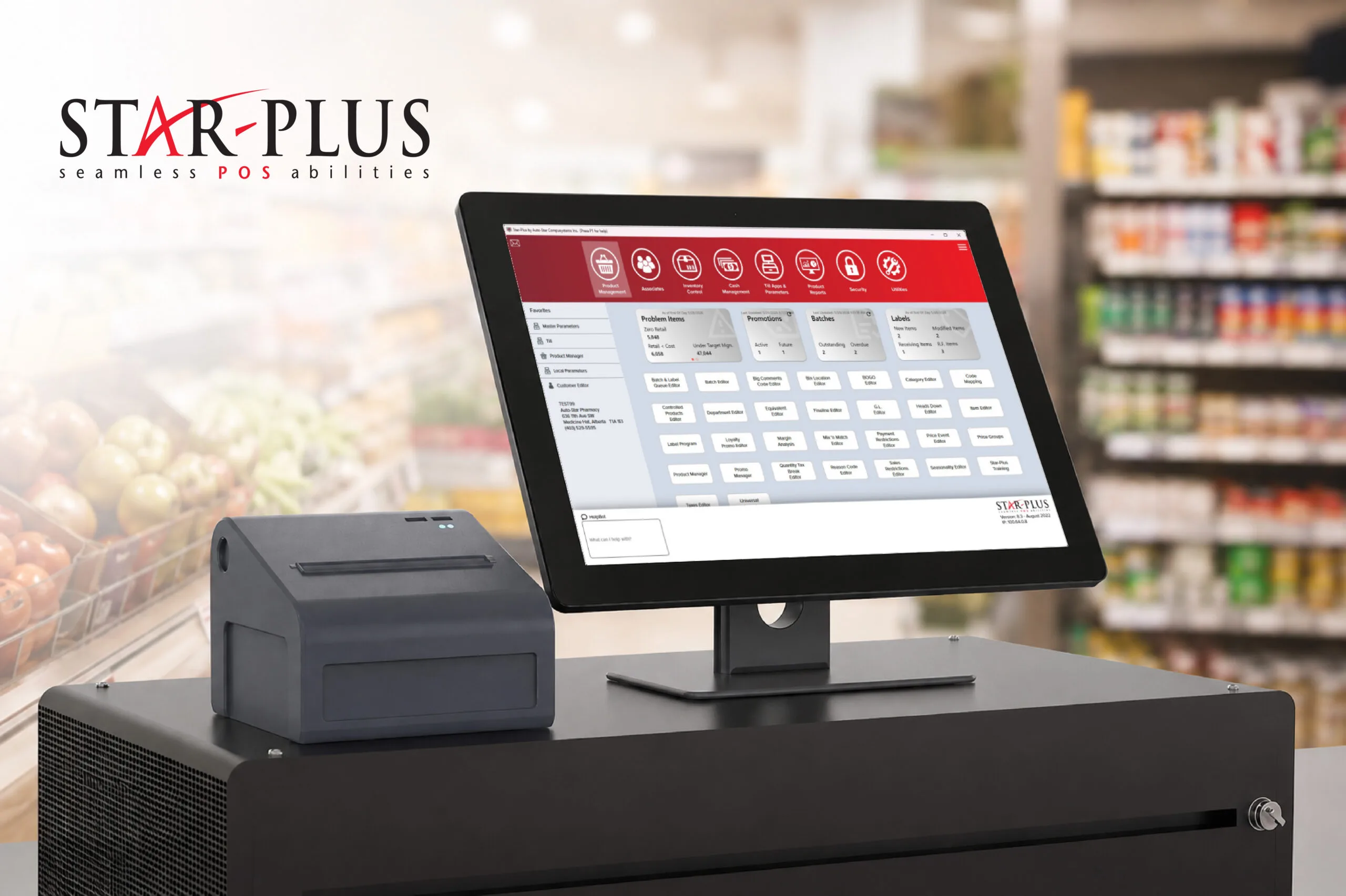 Retail employee using Auto-Star Star-Plus 8.5 point of sale software on a touchscreen POS terminal in a grocery store.
