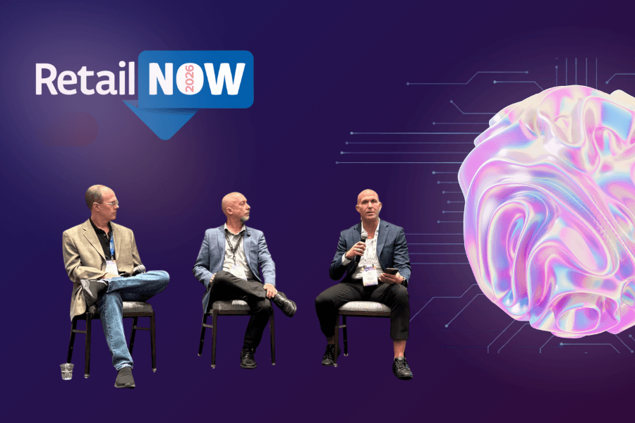 RetailNOW 2026 blog image featuring a panel discussion, the RetailNOW 2026 logo, and an AI brain graphic representing retail technology innovation.
