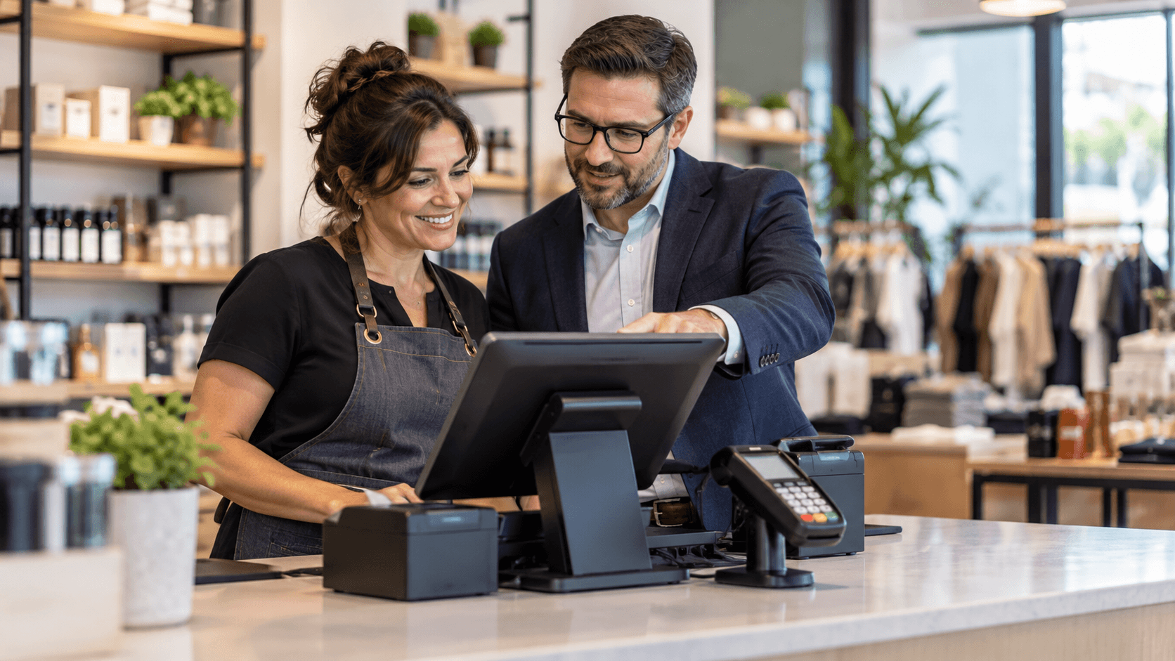 Retailer and technology partner reviewing an integrated POS and payment system