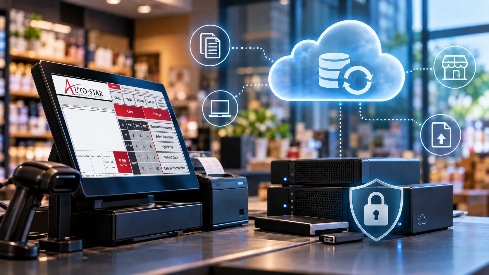 Retail POS system with cloud data backup and security graphics